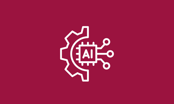 Outline of a gear partially surrounding a microchip with the letters "AI" in the centre