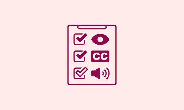 Icon of a checklist of accessibility features including sound visuals and closed captioning